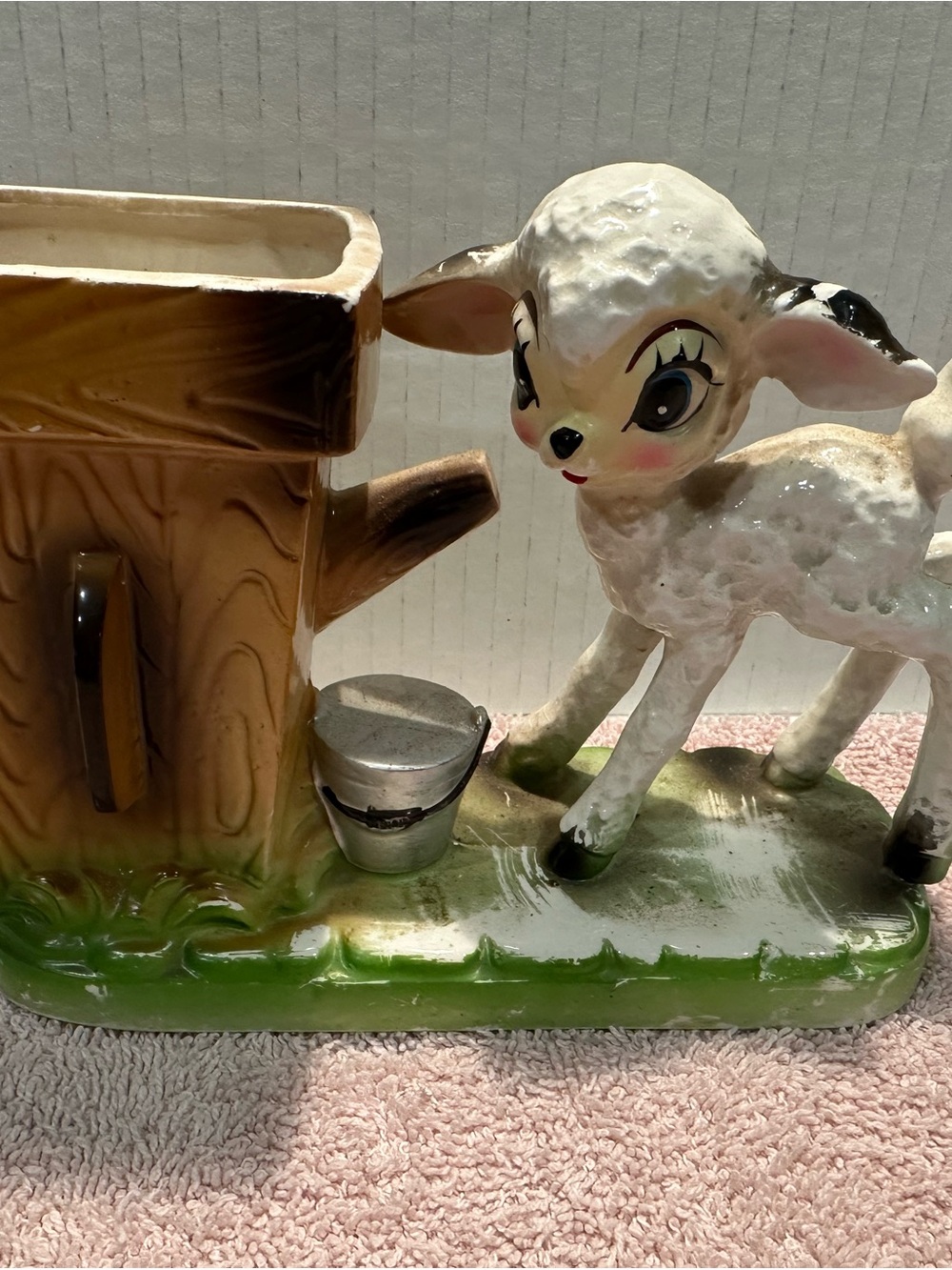Vintage Ceramic Lamb Figurine with well Planter - White and Green made in Japan
